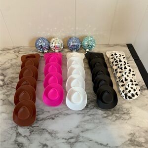 4 disco ball ornaments and western hats